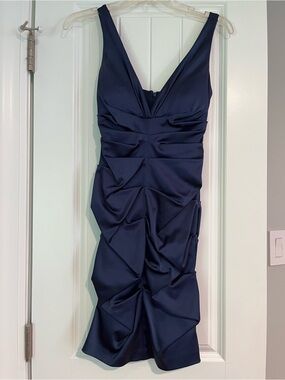 Xscape Navy Sleeveless Ruched V-Neck Midi Dress